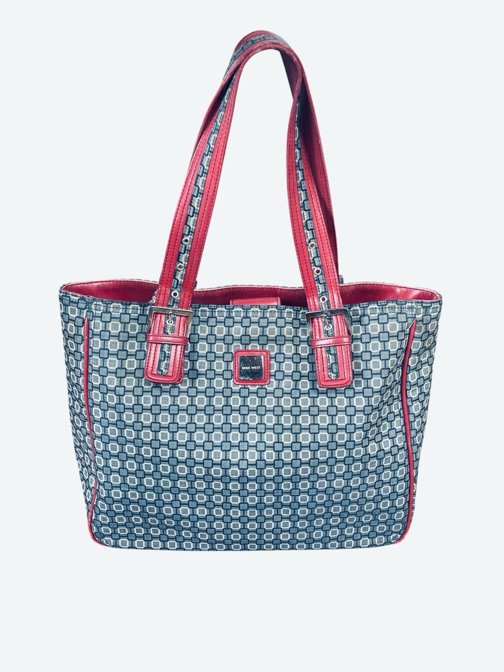Vintage Nine West Grey Blue Geometric Y2K Shoulder Tote Bag Red Buckle Straps